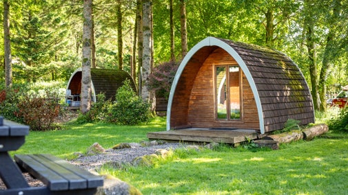 The exterior of a small basic pod at Eskdale Campsite, Cumbria